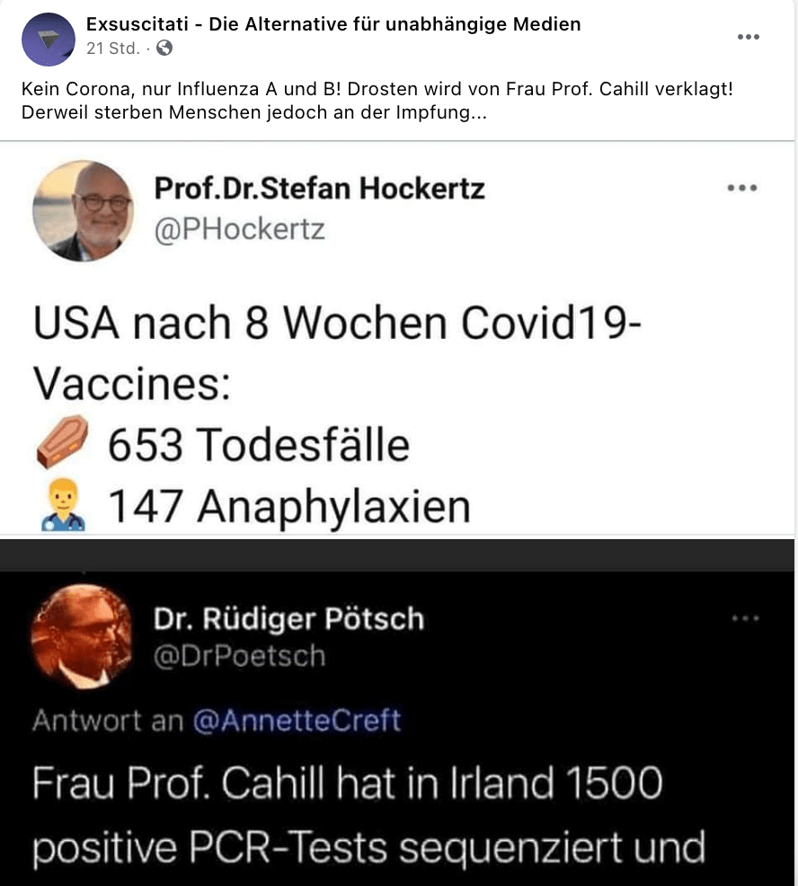 Der Beitrag auf Facebook vom 22. Februar, in dem zwei Tweets als Screenshots verbreitet werden