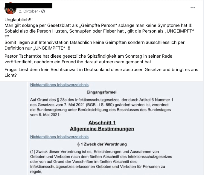 Facebook-Beitrag mit der Behauptung, Geimpfte mit Symptomen würden als ungeimpft gezählt