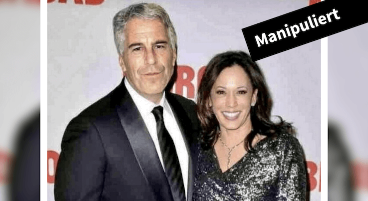 Ein Foto, auf dem Jeffrey Epstein neben Kamala Harris steht. Darüber steht "manipuliert".
